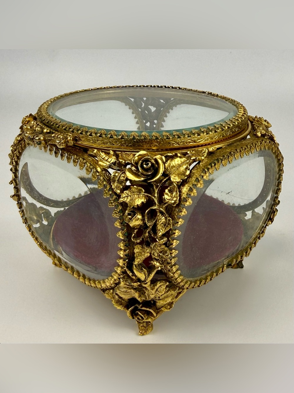 Vintage Matson Filigree Rose Jewelry Casket with Beveled Glass Stunning